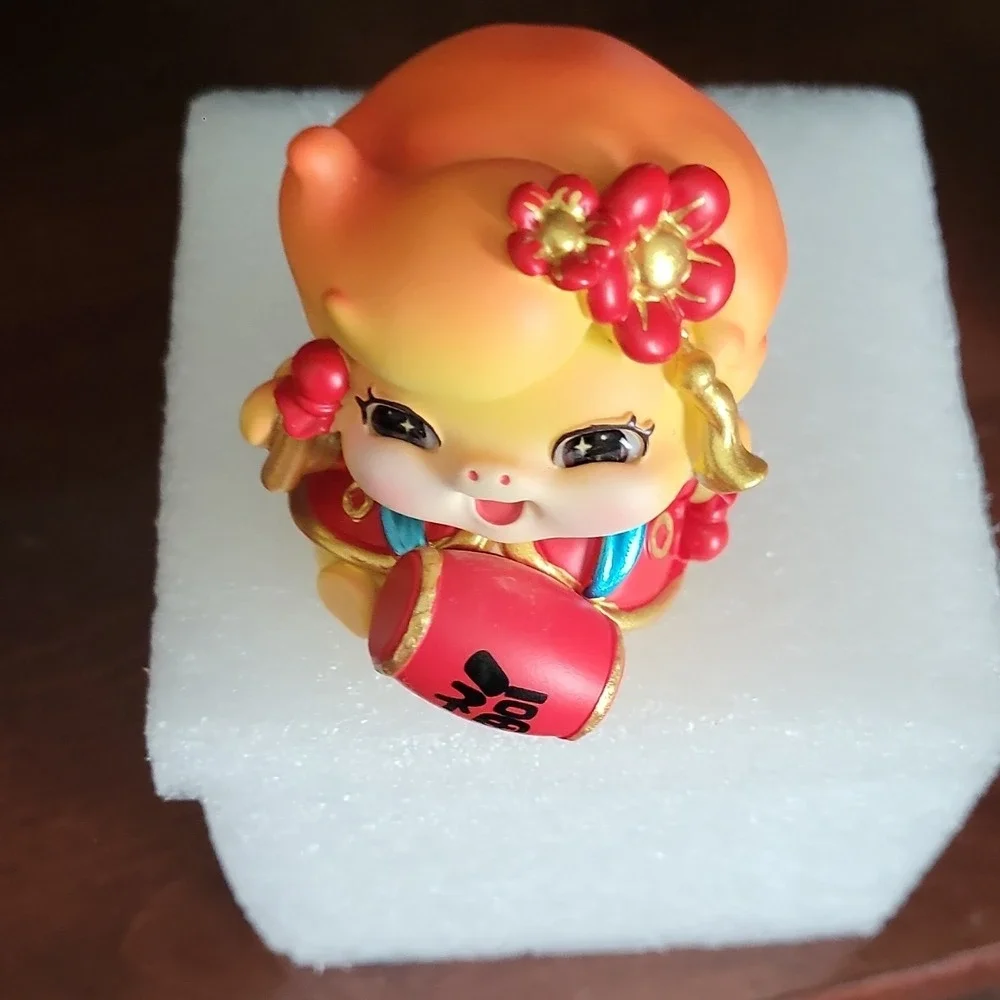 Chinese Collectible Figure with Red Drum, Lantern, Decorative Box